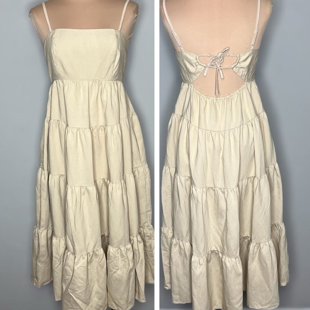 Idem Ditto Midi Dress w Pockets Small Womens Empire Waist A-Line Tiered Khaki